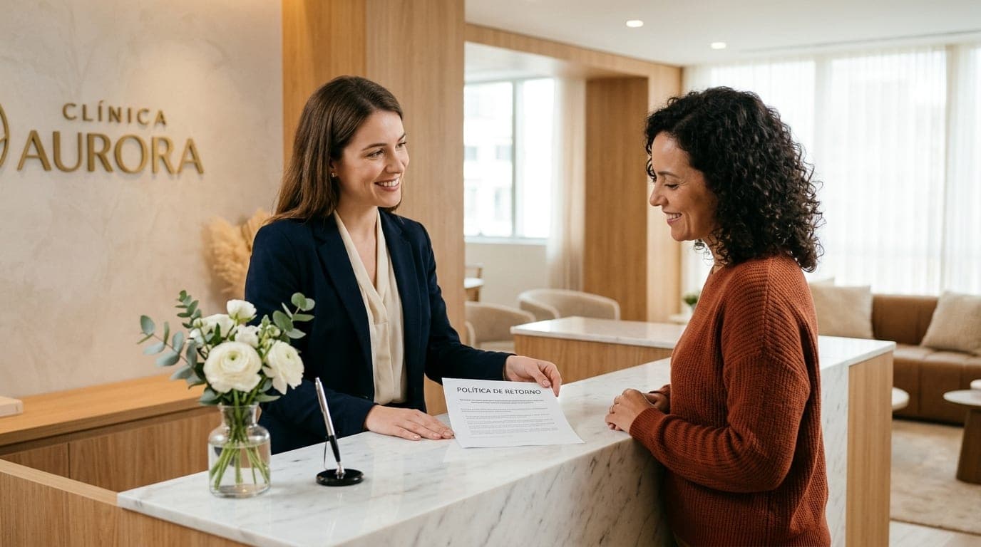 Recepcionista entrega um documento a uma paciente no balcão de mármore de uma clínica