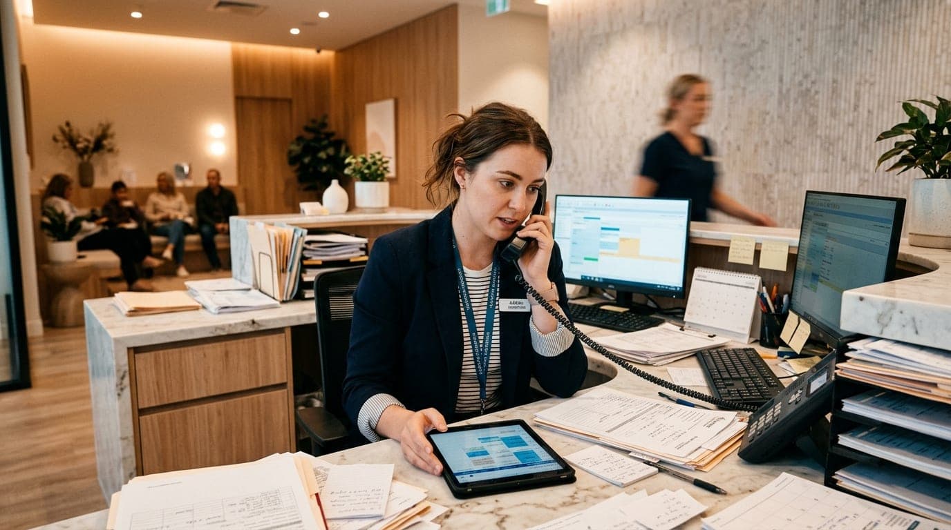 Recepcionista ao telefone e com tablet na mão, cercada de papéis e anotações no balcão de uma clínica movimentada