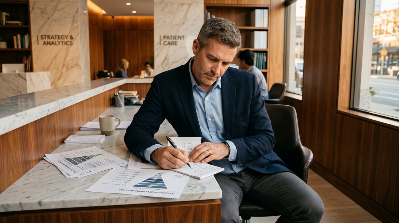 Homem de blazer faz anotações ao lado de gráficos impressos numa recepção