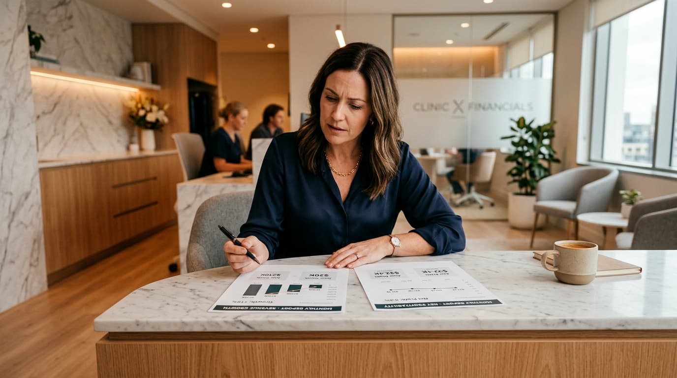 Mulher de blazer azul escreve sobre relatórios financeiros numa recepção de clínica